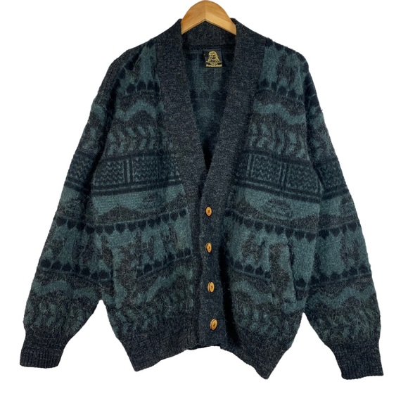 Tejidos Ruminahui Men's Button Cardigan 100% Wool Sweater Lama Pattern M/L - Picture 1 of 10